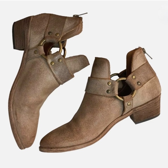 FRYE Ray Nubuck Leather Back Zip Harness Ankle Boots Distressed Brown - Picture 5 of 12